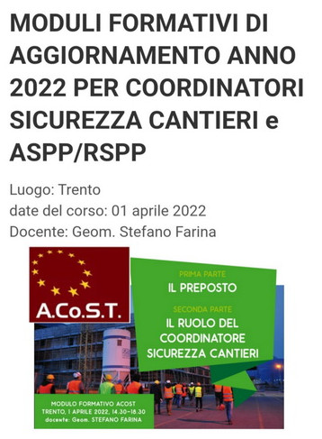 Formazione – ACOST Trento Aggiornamento Coordinatori Sicurezza Modulo 01/2022